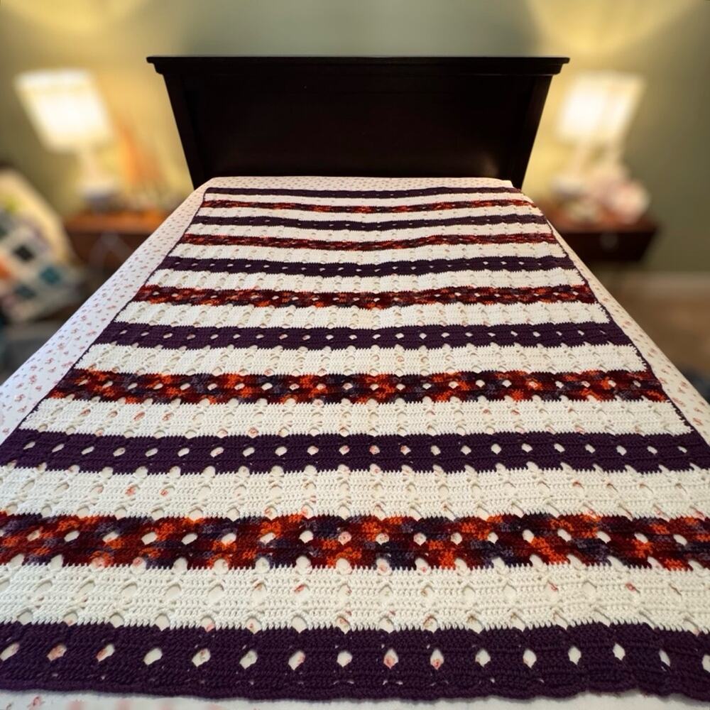 Handmade Crochet Afghan Blanket Colorful Purple Striped Throw Boho 66” x 49”